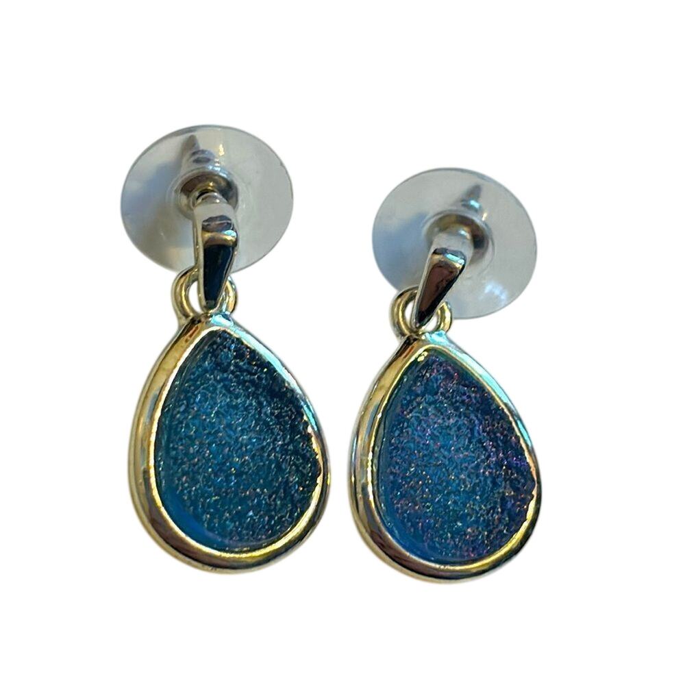 Purple Druzy Drop Earrings Silver Tone Teardrop Iridescent Sparkle